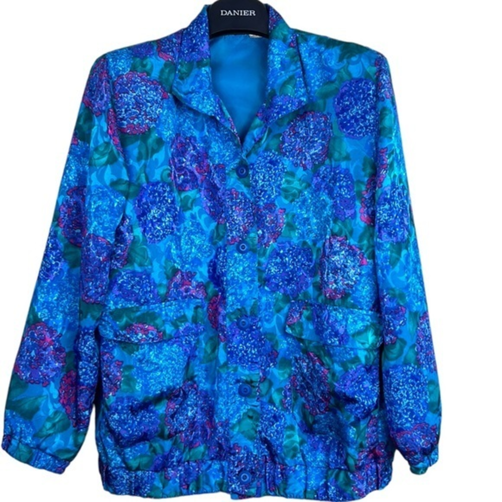Vintage satiny floral design lightweight jacket‎ blue purple 2X